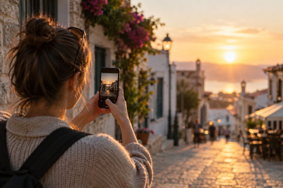 smartphone to capture a quiet street scene